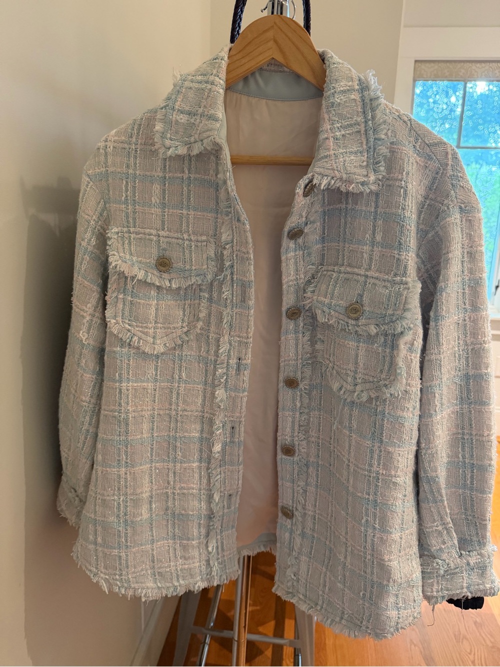 Pastel blue & pink & white tweed plaid jacket